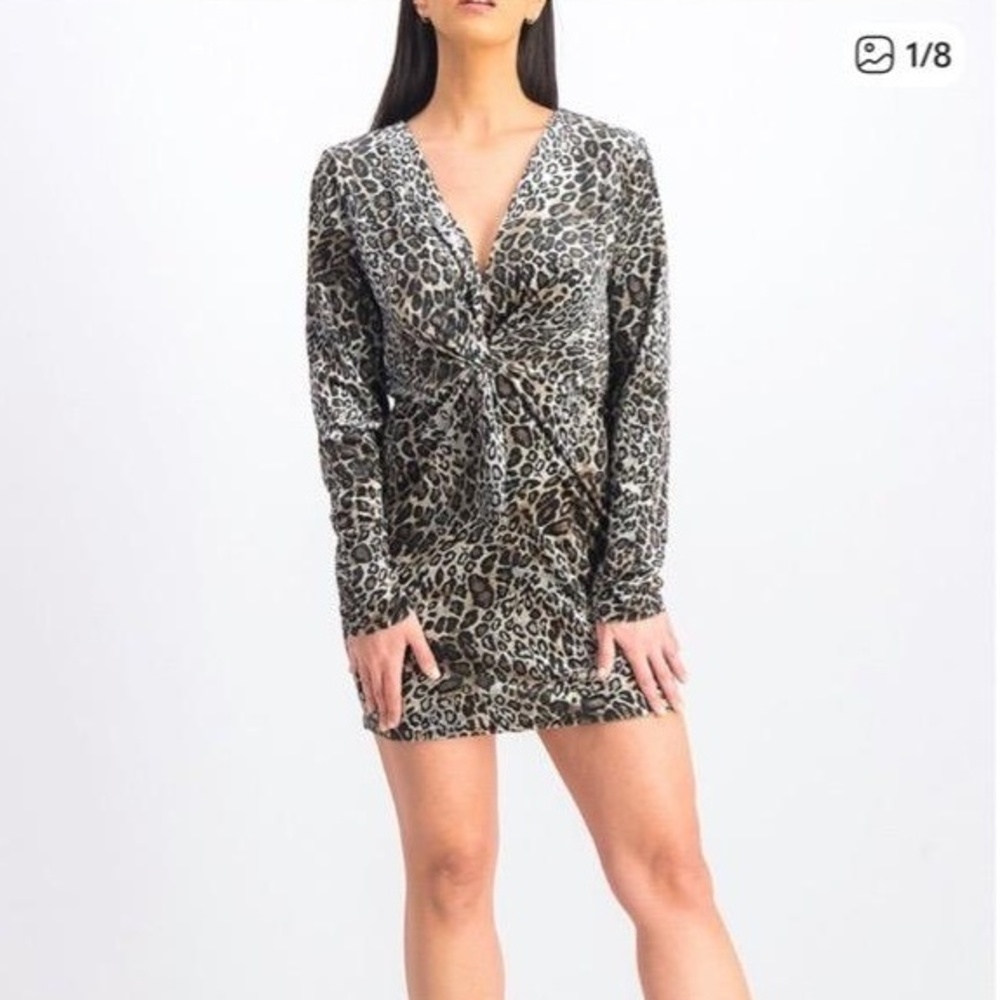 Love Riche Mini Dress Womens Leopard Print Bodycon Twisted Knot Large V Neck NWT - Picture 1 of 15